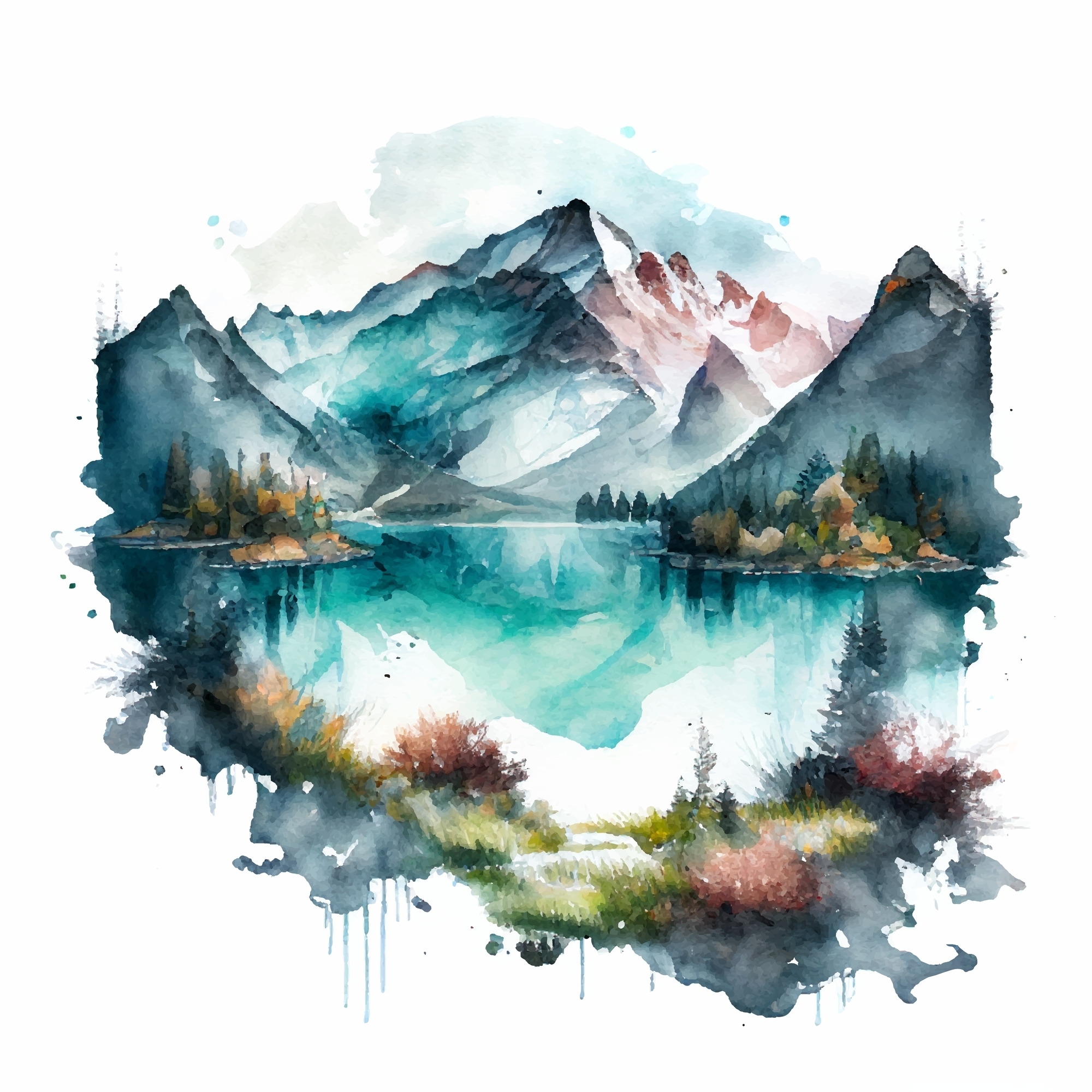 Mountain,Lake,Watercolor,Vector