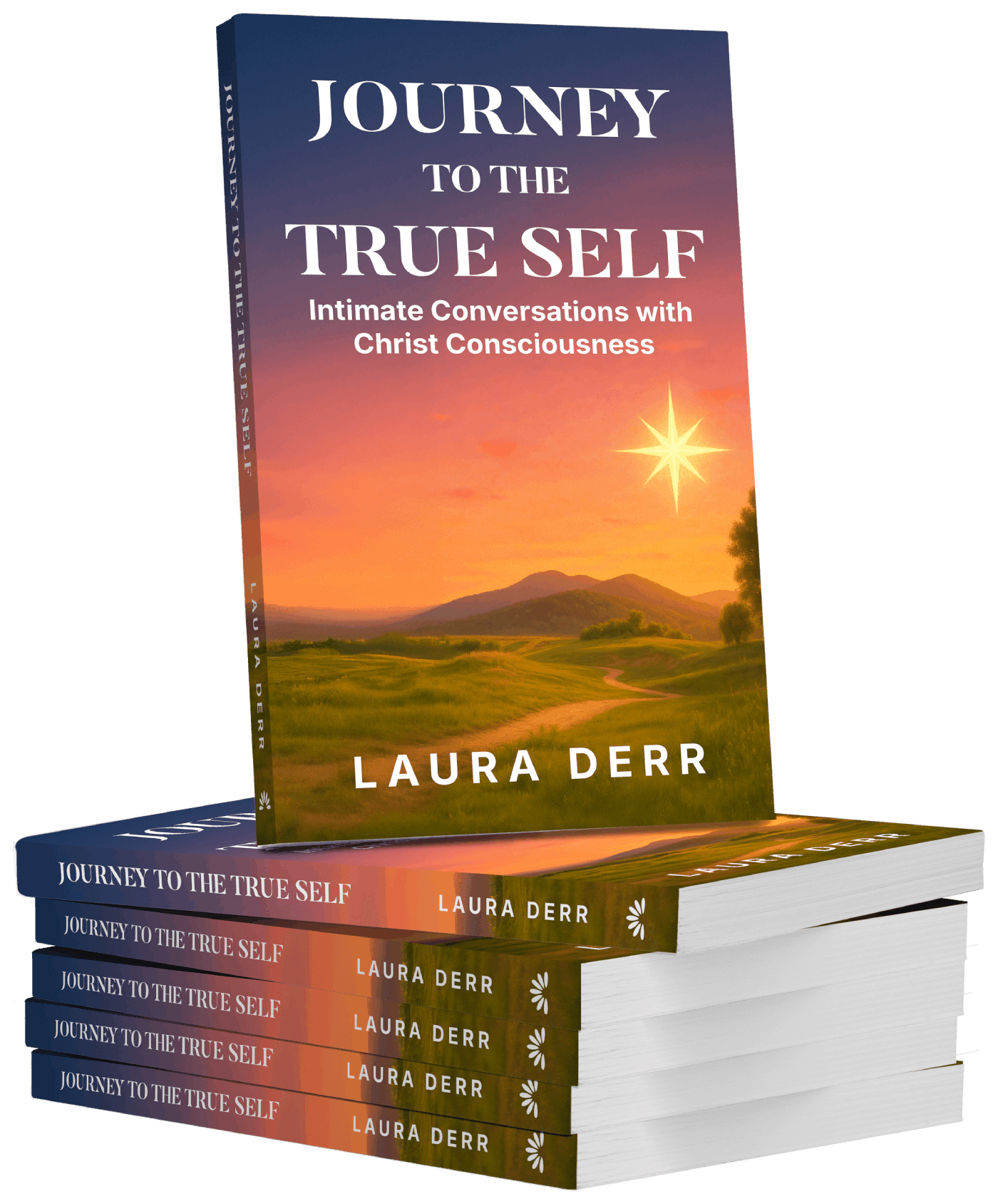 Book cover titled "Journey to the True Self: Intimate Conversations with Christ Consciousness" by Laura Derr, depicting a sunset landscape with mountains, a pathway, and a shining star.