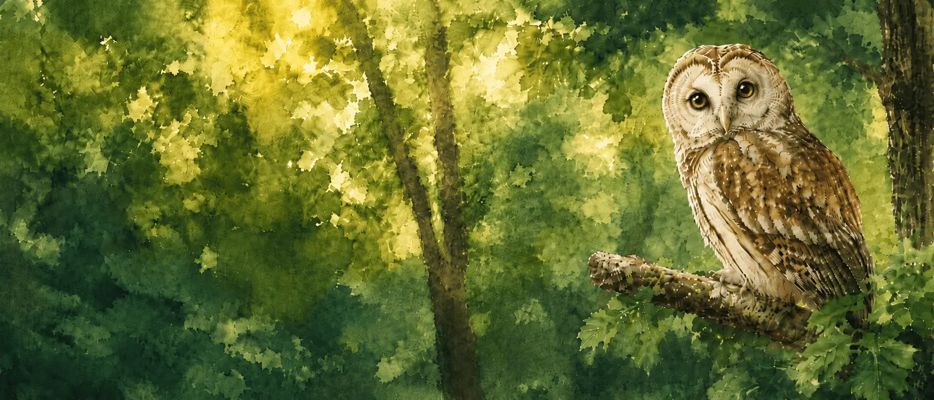 Watercolor of a barred owl perched in a sunlit green forest
